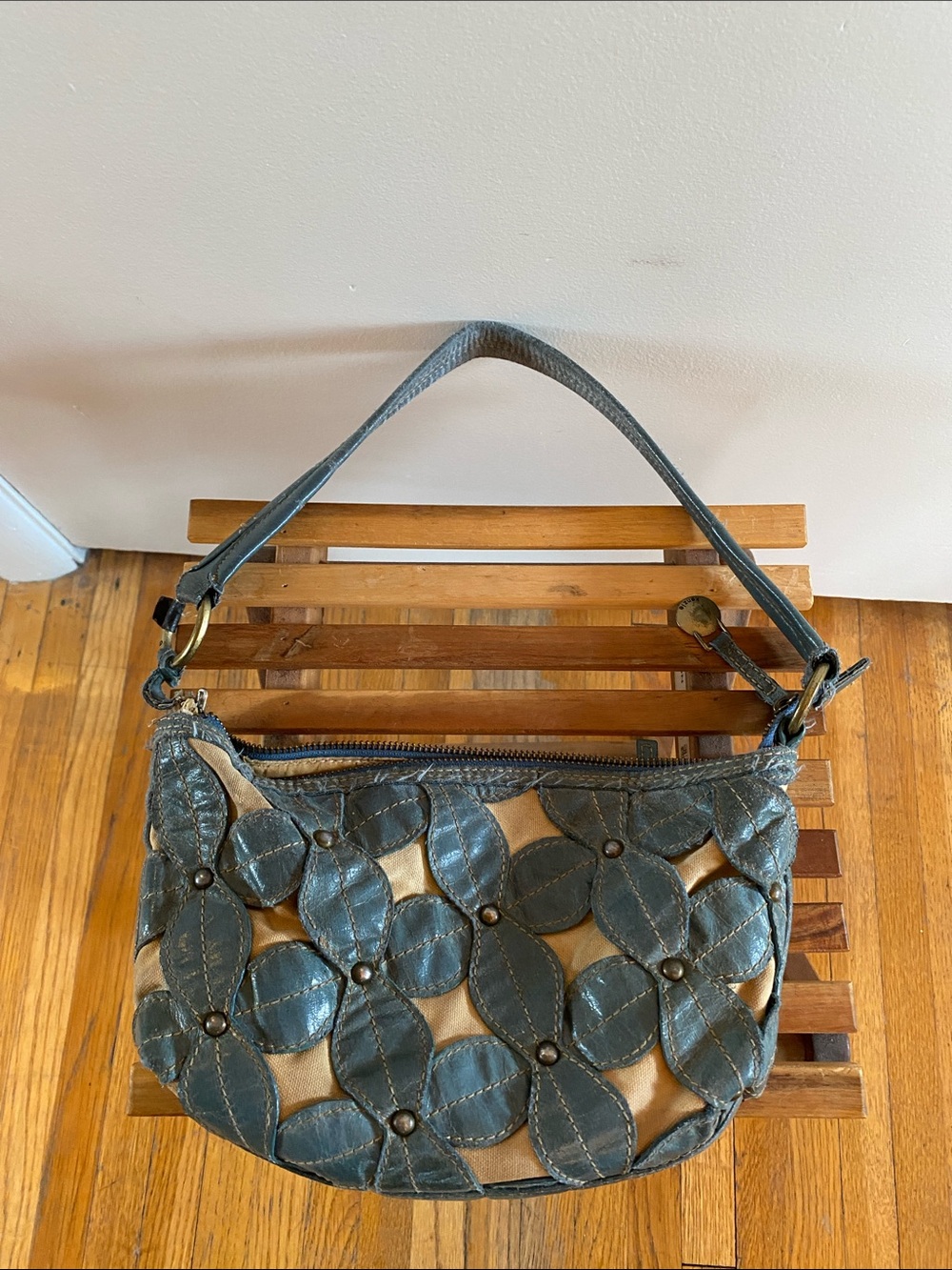 Blue Leather-Accent Floral Patch Shoulder Bag *As Is*